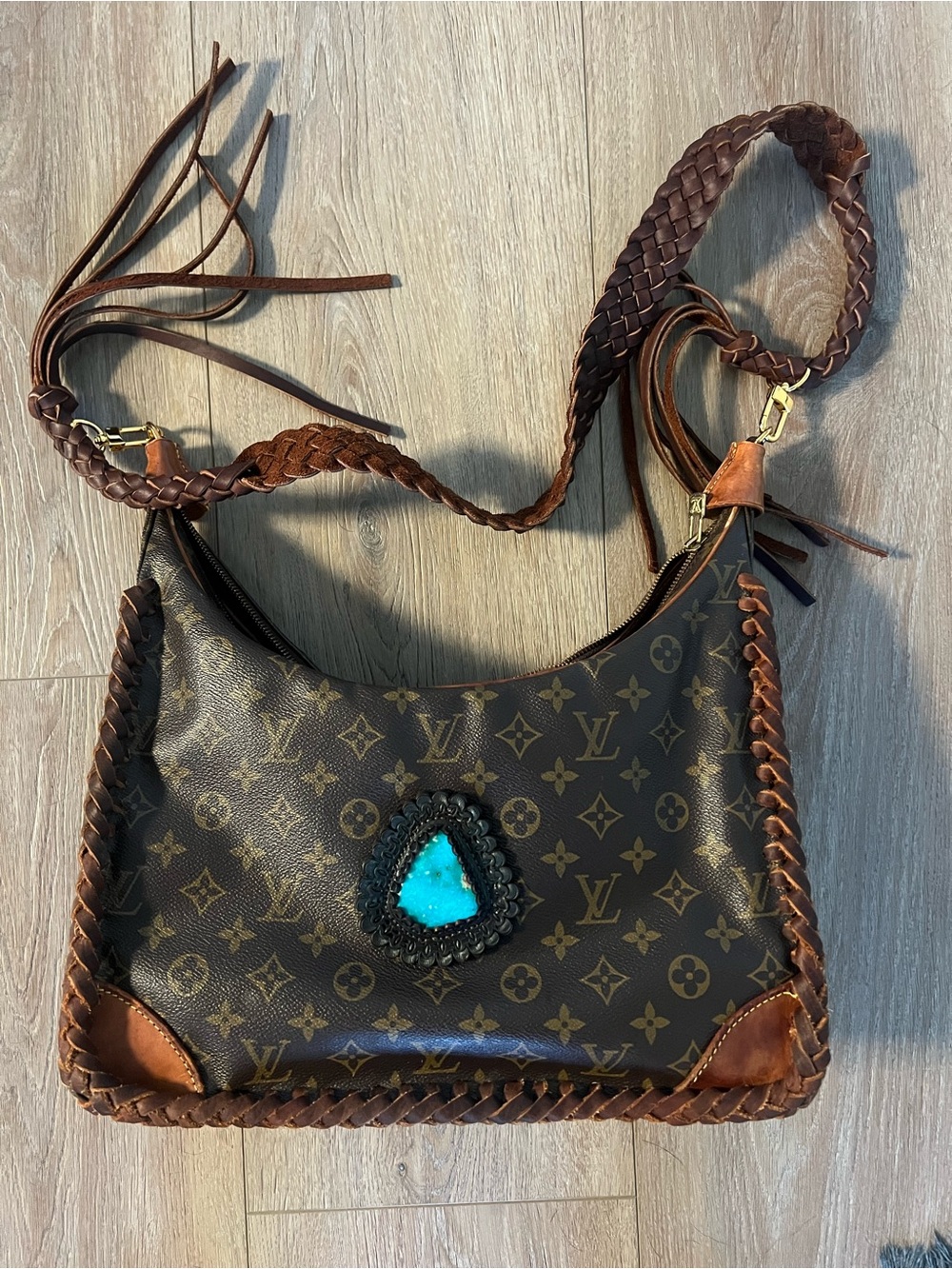 Louis Vuitton Brown Monogram Shoulder Bag with Turquoise Accent